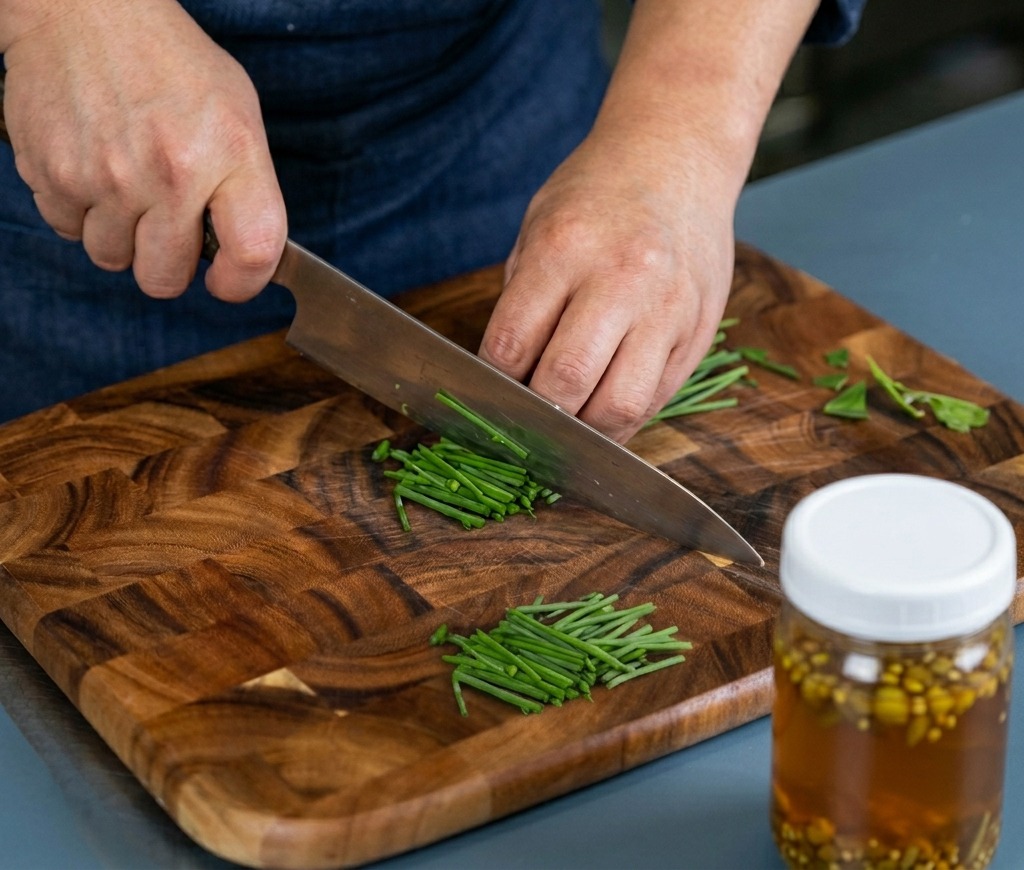 Hands holding a knife and chopping fresh green cilantro stems into sections on a dark wooden cutting board.