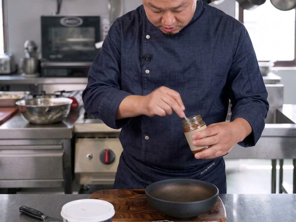 Chef scooping a spoonful of thick, dark Tom Yum paste from a glass jar to place into a dark ceramic bowl.