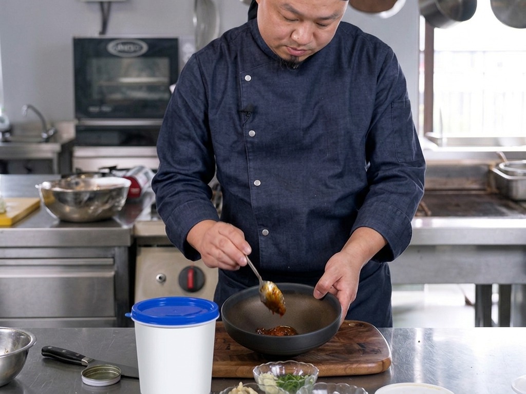Chef using a spoon to mix dark sauces together in a black ceramic bowl on a stainless steel counter.