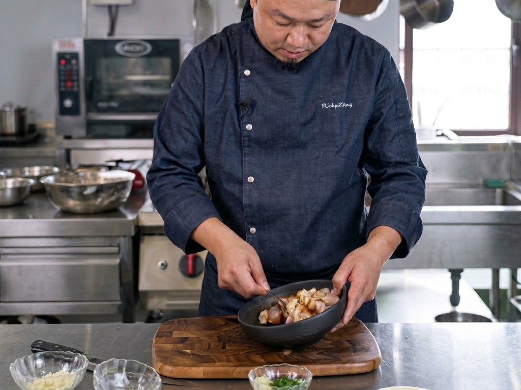 A chef stirring a bowl of raw mixed seafood that is coated in a dark, rich Tom Yum sauce.
