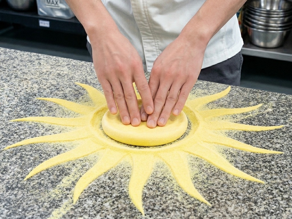 Chefs hands pressing a round disc of pizza dough into a sunburst pattern of yellow flour on a granite countertop.