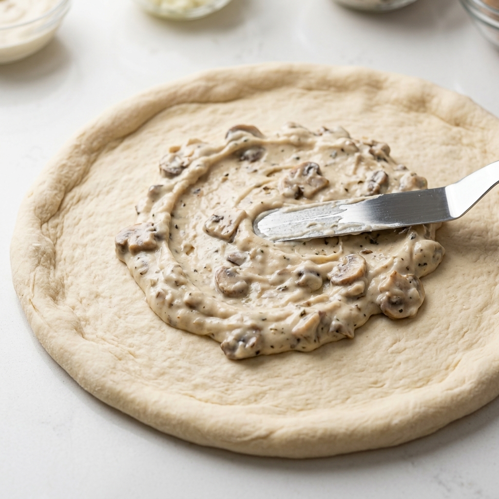 Creamy white sauce with mushroom pieces being spread evenly over raw pizza dough with a small metal spatula.