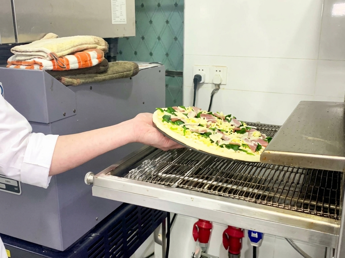 A persons arm placing a raw pizza topped with spinach and bacon onto the metal conveyor belt of a commercial pizza oven.