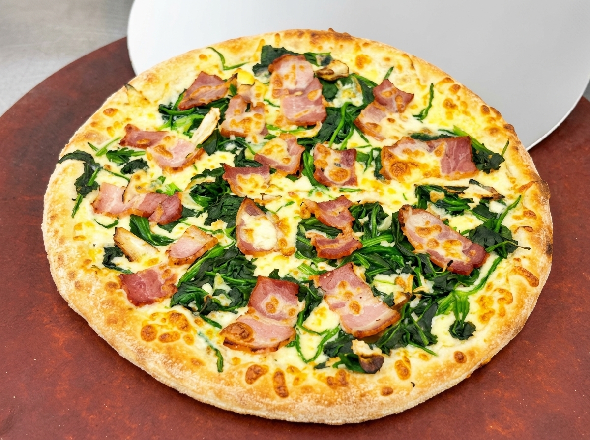 A freshly baked pizza topped with spinach, bacon, and melted mozzarella cheese resting on a pizza peel.