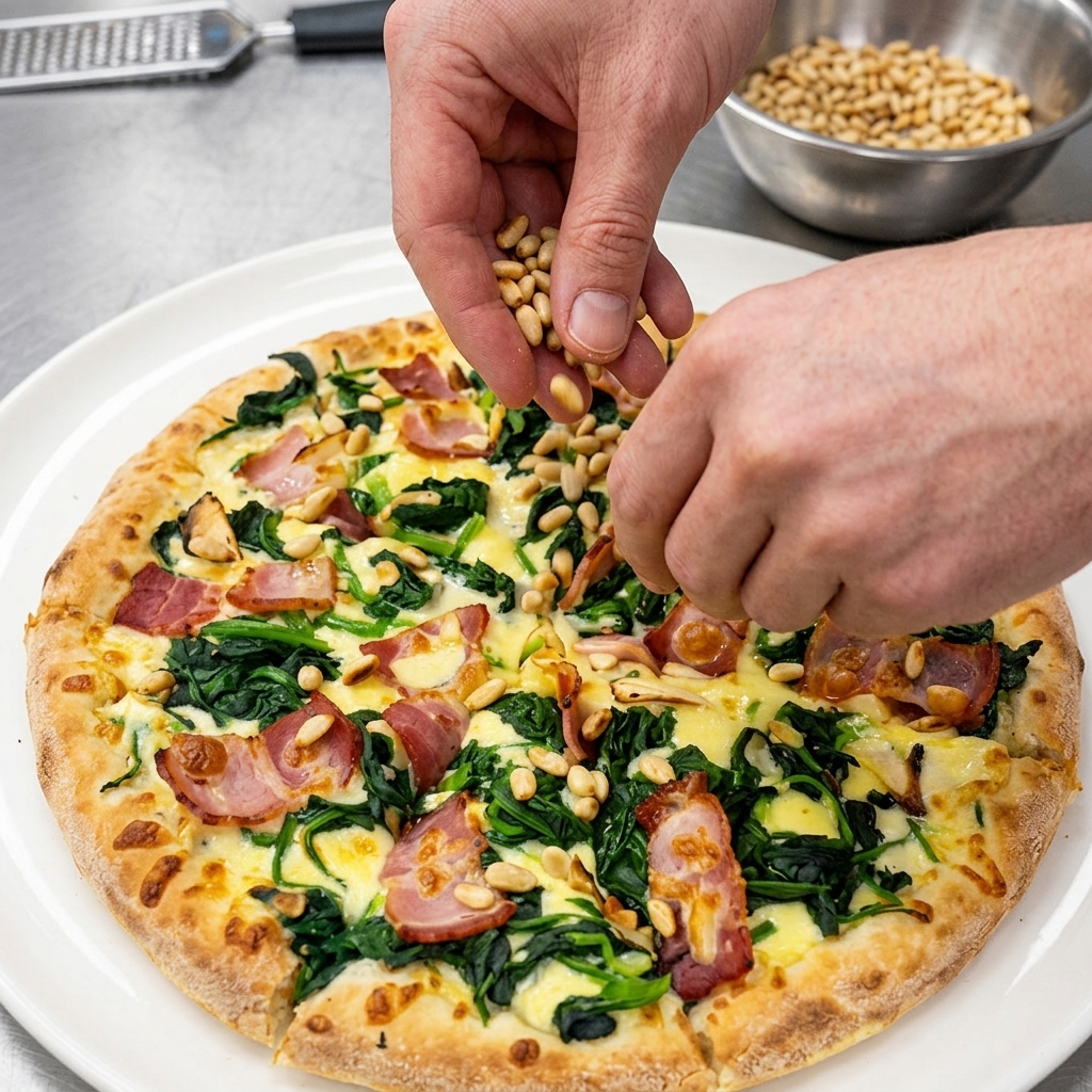 A pair of hands sprinkling toasted pine nuts over a sliced spinach and bacon pizza served on a large white plate.