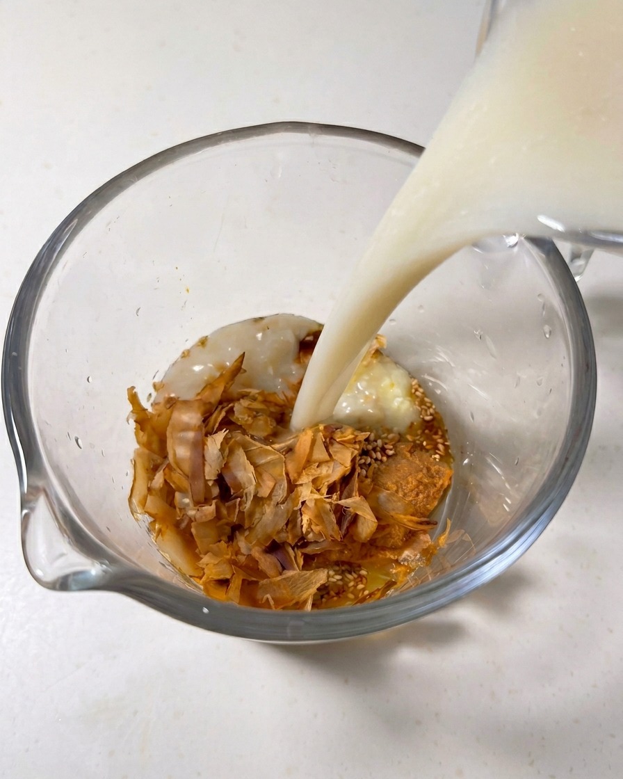 Creamy white tonkotsu broth being poured from a pitcher into a glass measuring cup filled with bonito flakes, miso paste, and sesame seeds.