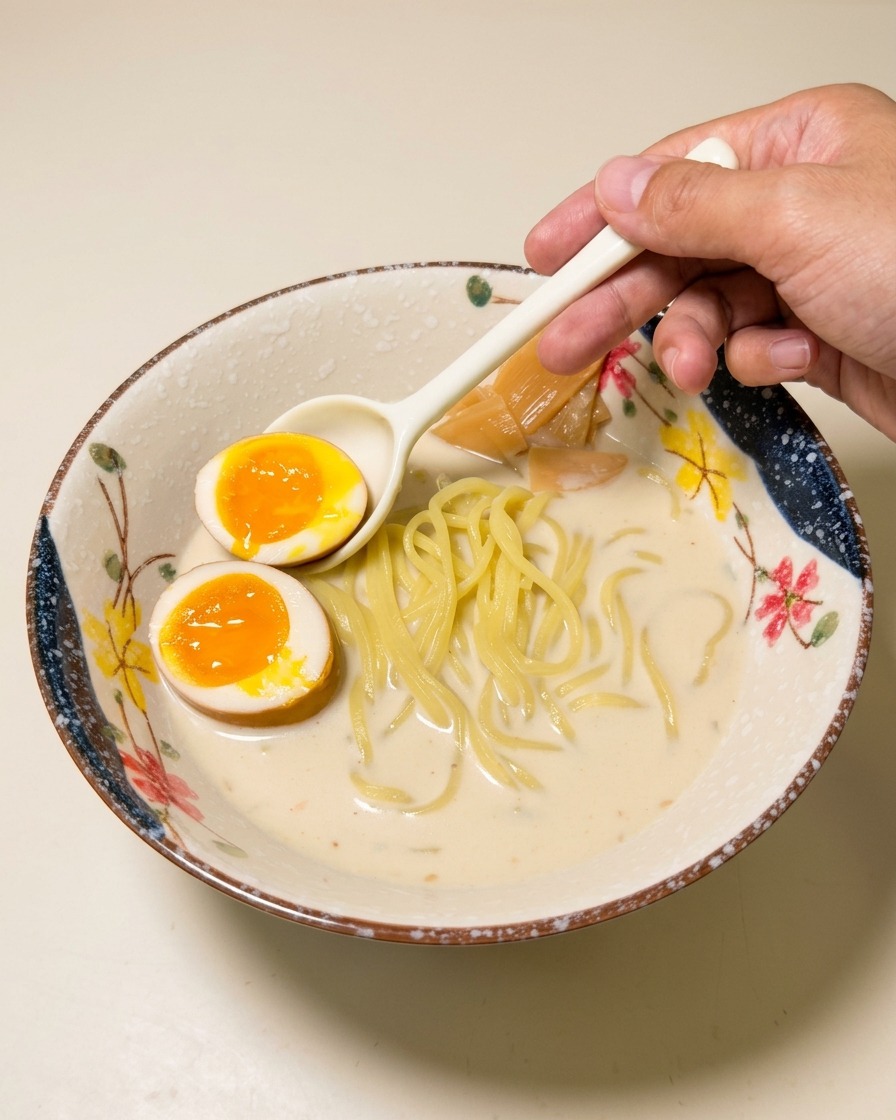 A hand using a white spoon to place soft-boiled egg halves with bright orange jammy yolks into the ramen bowl.