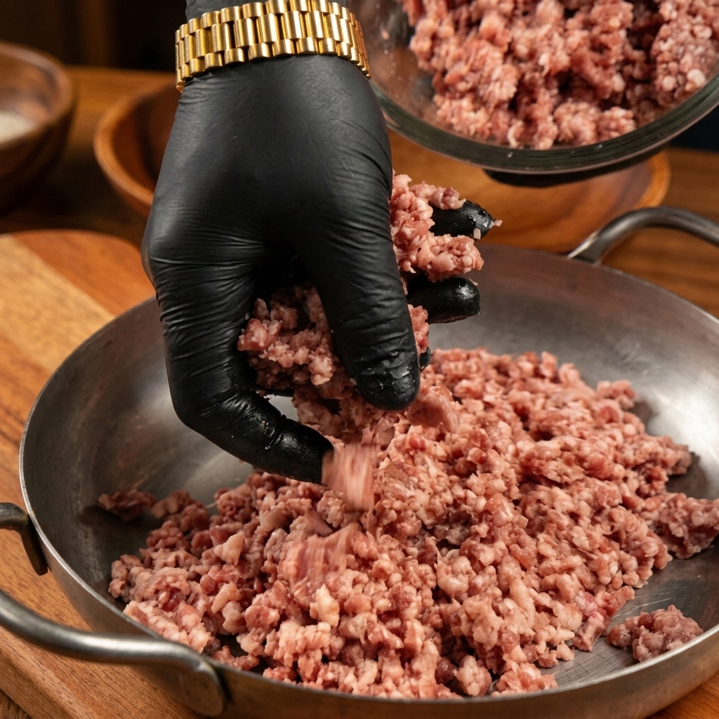Raw ground beef chuck being placed into a metal pan by a person wearing black gloves.