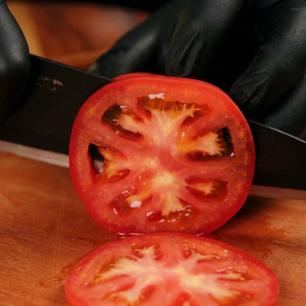 A black knife slicing a ripe red tomato into even rounds on a wooden cutting board.