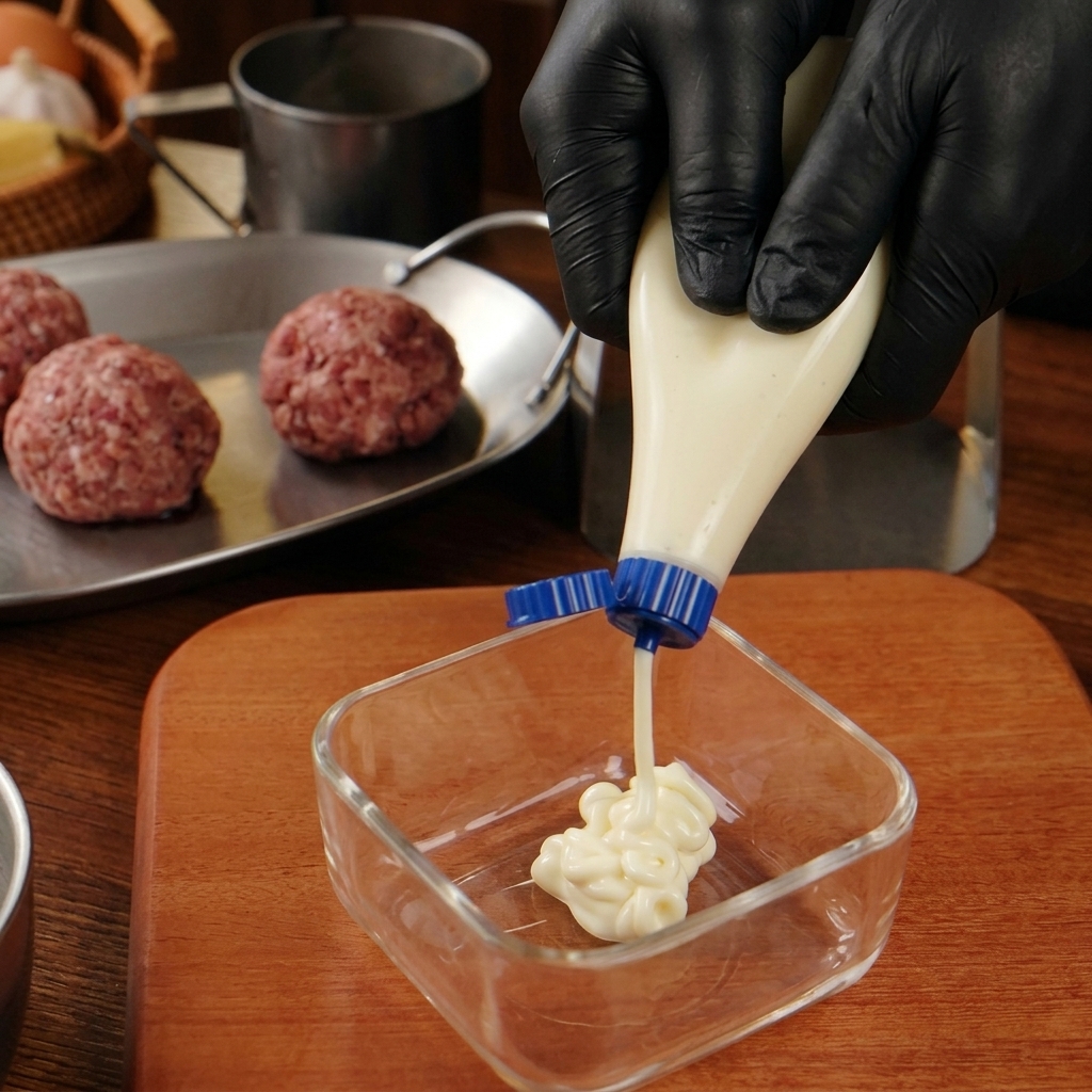 A person wearing black gloves squeezing creamy mayonnaise from a bottle into a small square glass bowl.