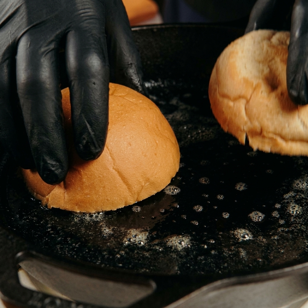 Gloved hands pressing two halves of a burger bun face-down into a hot cast iron skillet filled with bubbling melted butter.