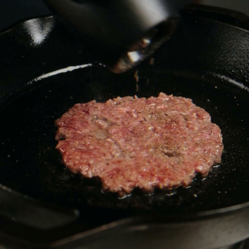 Using a pepper mill to grind fresh black pepper over a sizzling, partially cooked smashed beef patty in a cast-iron skillet.