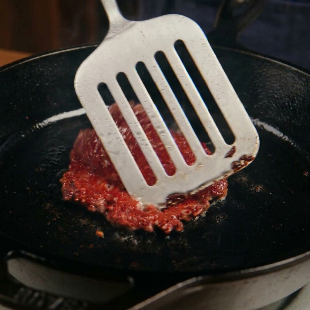 A slotted metal spatula flipping a smashed beef patty, revealing a deeply browned and crispy caramelized crust.
