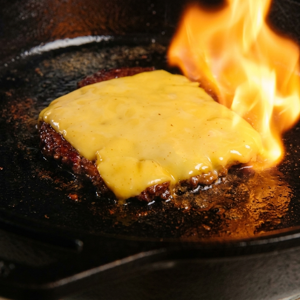A slice of cheddar cheese melting onto a smashed beef patty in a hot cast iron skillet under the direct flame of a blowtorch.