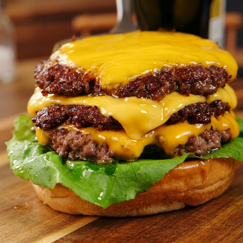 Three smashed beef patties layered with melted cheddar cheese resting on a fresh lettuce-lined burger bun.
