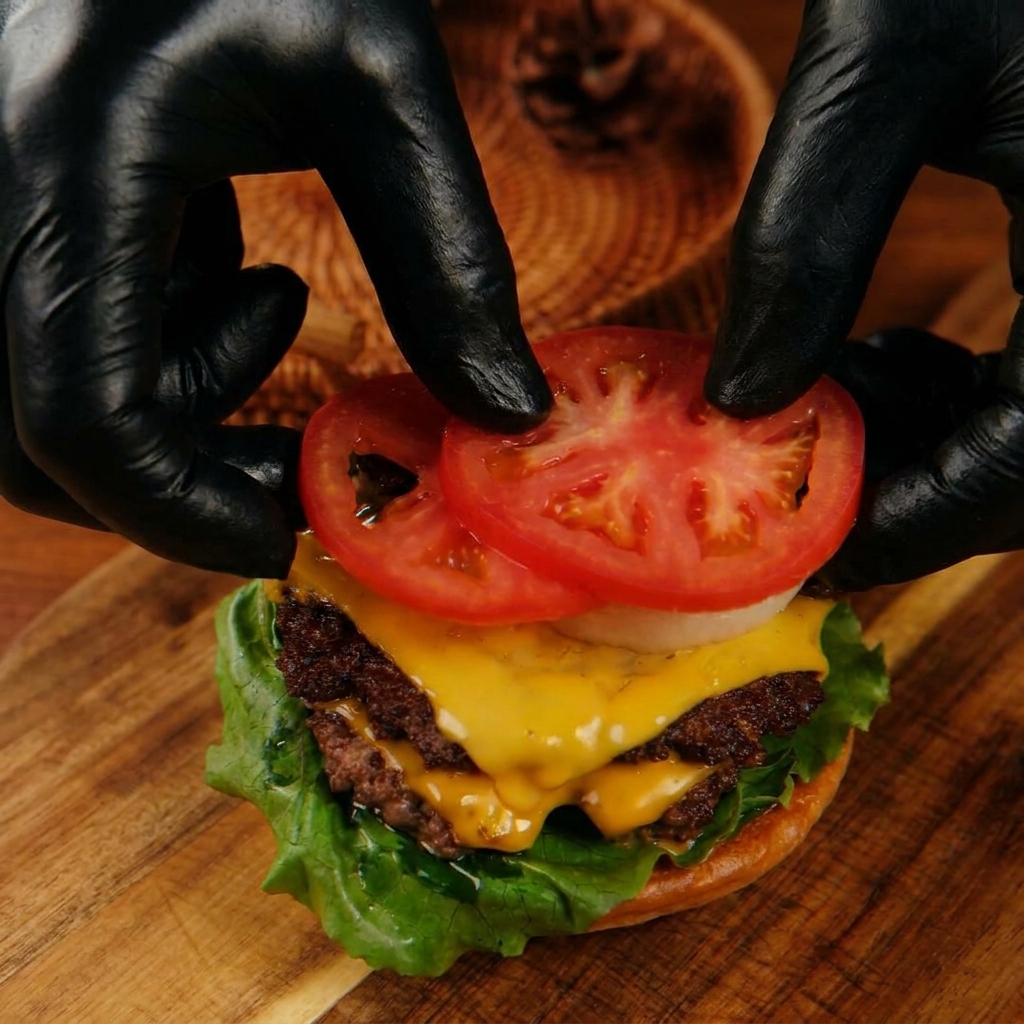 Hands wearing black gloves carefully placing fresh red tomato slices over onion rings on top of stacked beef burger patties.