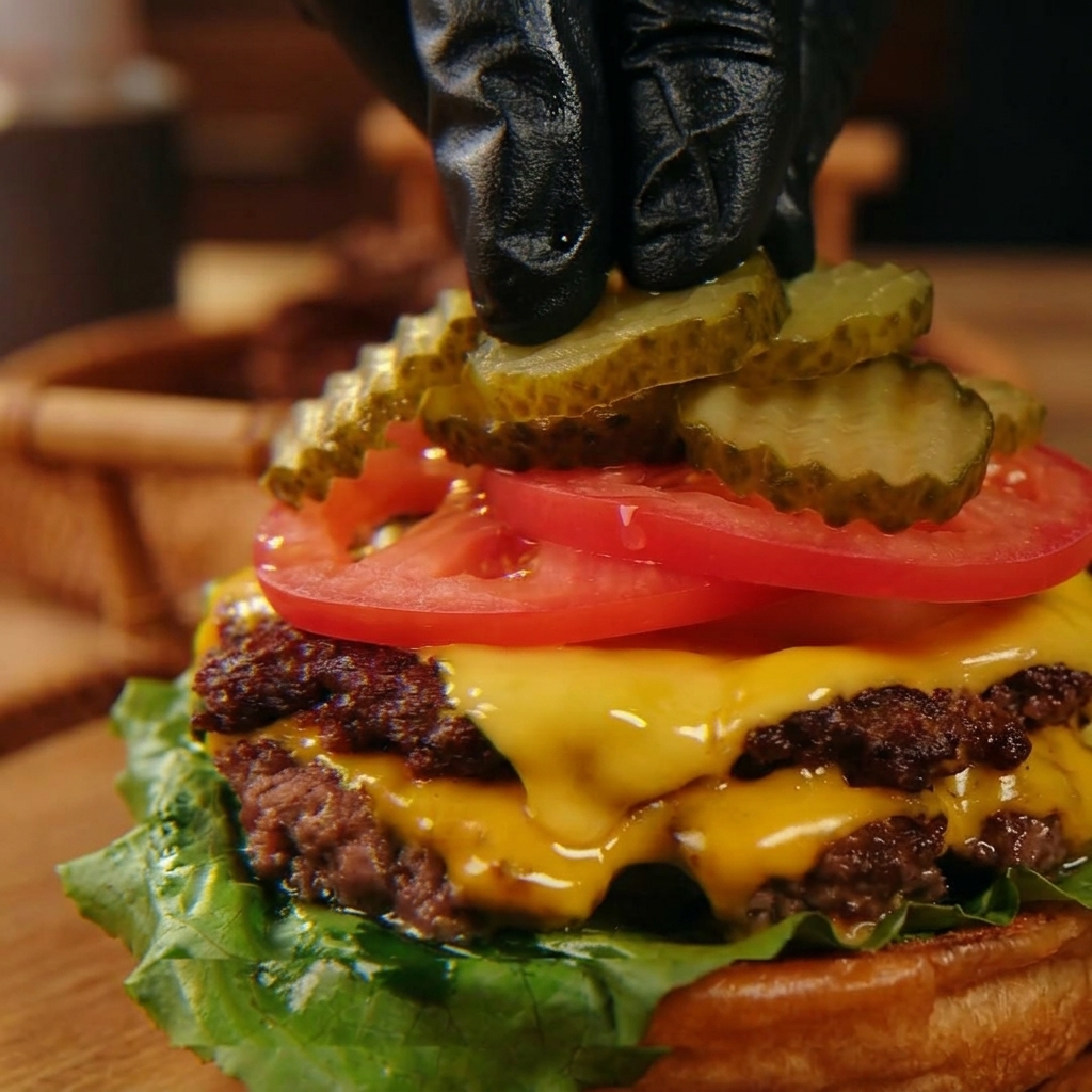 Black-gloved hands placing crinkle-cut pickle slices on top of fresh tomato slices over a stacked triple cheeseburger.