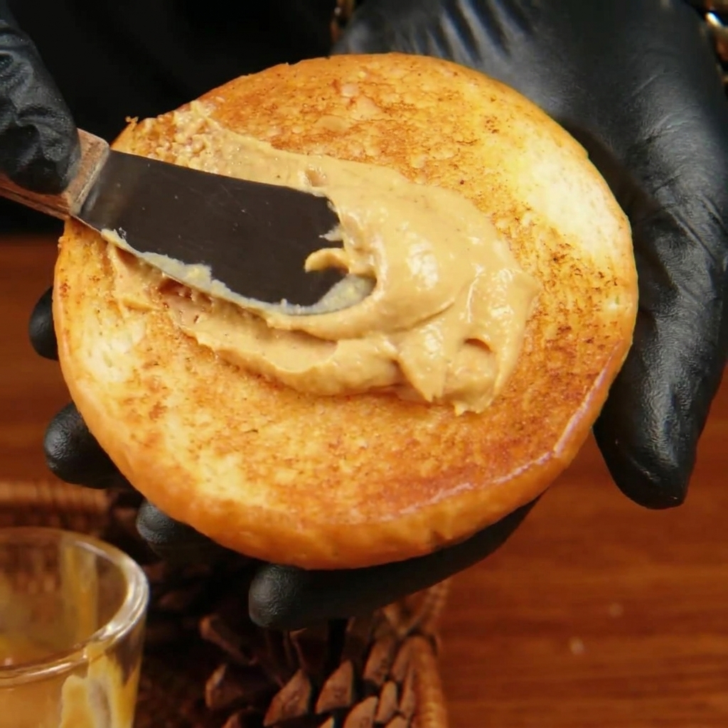 A person wearing a black glove using a small spatula to spread creamy orange burger sauce evenly over the toasted surface of a top bun.