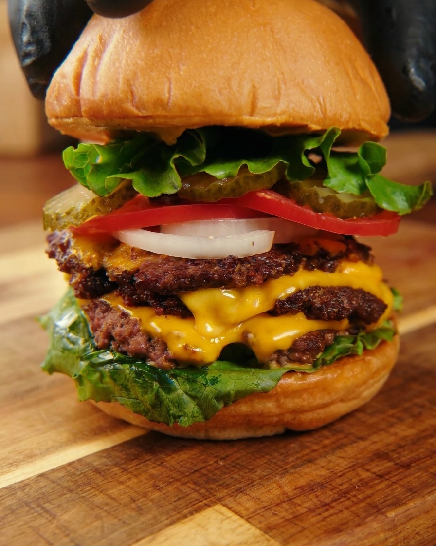 Black-gloved hands placing the toasted top bun onto a massive, fully assembled triple cheeseburger with fresh lettuce, tomatoes, and melted cheese.
