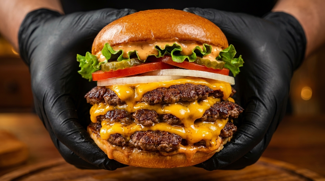 Homemade American Triple Smash Cheeseburger