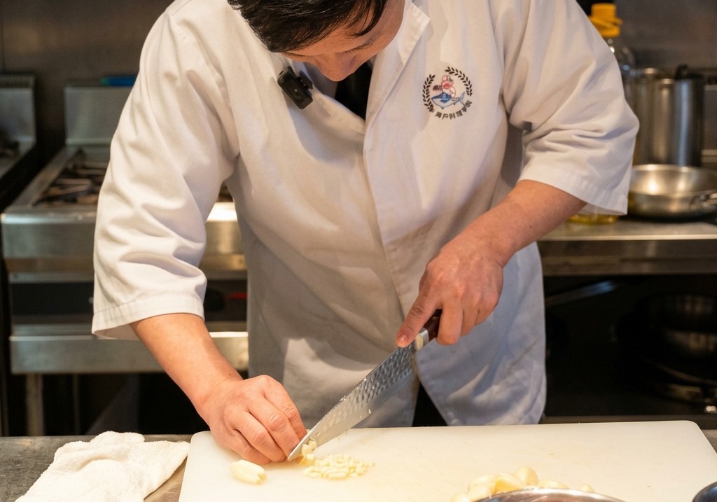 Chefs hands meticulously dicing fresh garlic cloves into even pieces on a white cutting board.