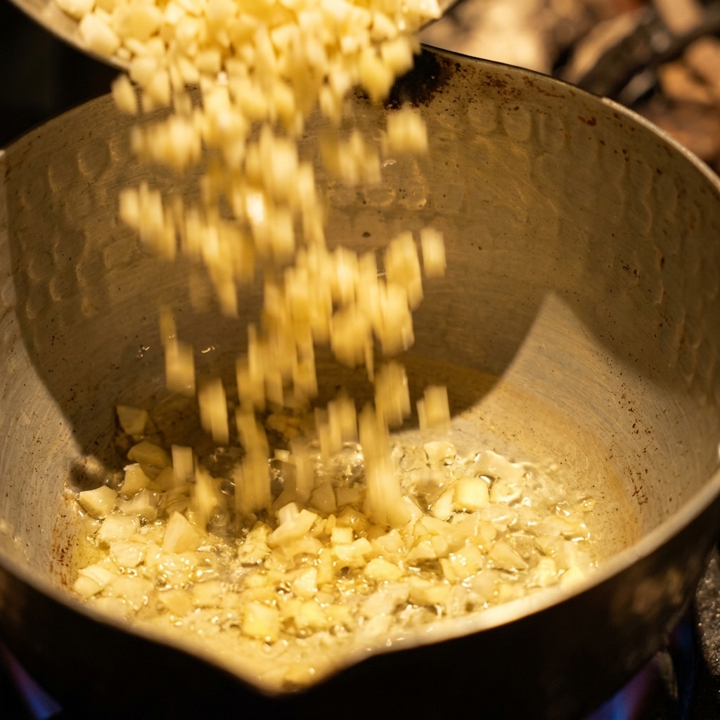Diced fresh garlic being poured steadily into a metal pot filled with clear cooking oil.