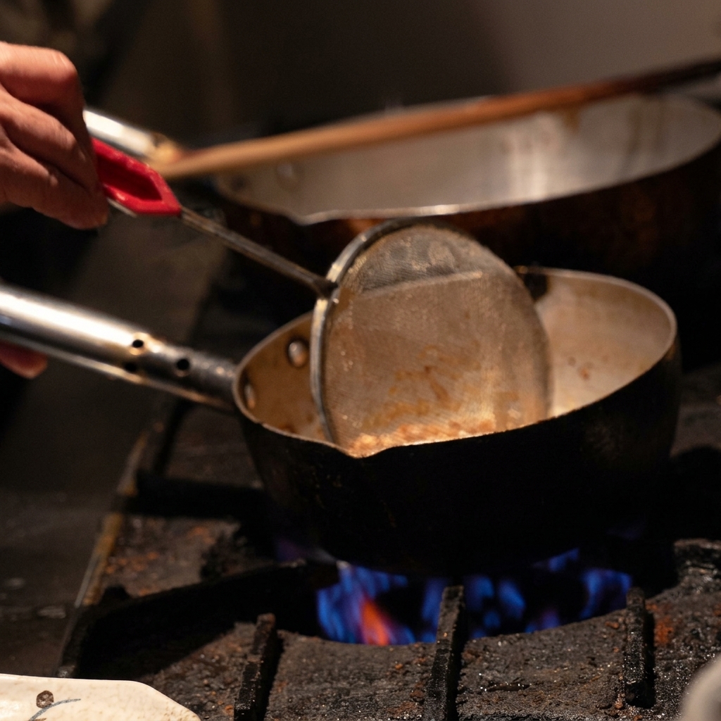 A hand using a small wire skimmer to scoop golden-fried garlic pieces out of a small pot of hot oil over a gas stove.