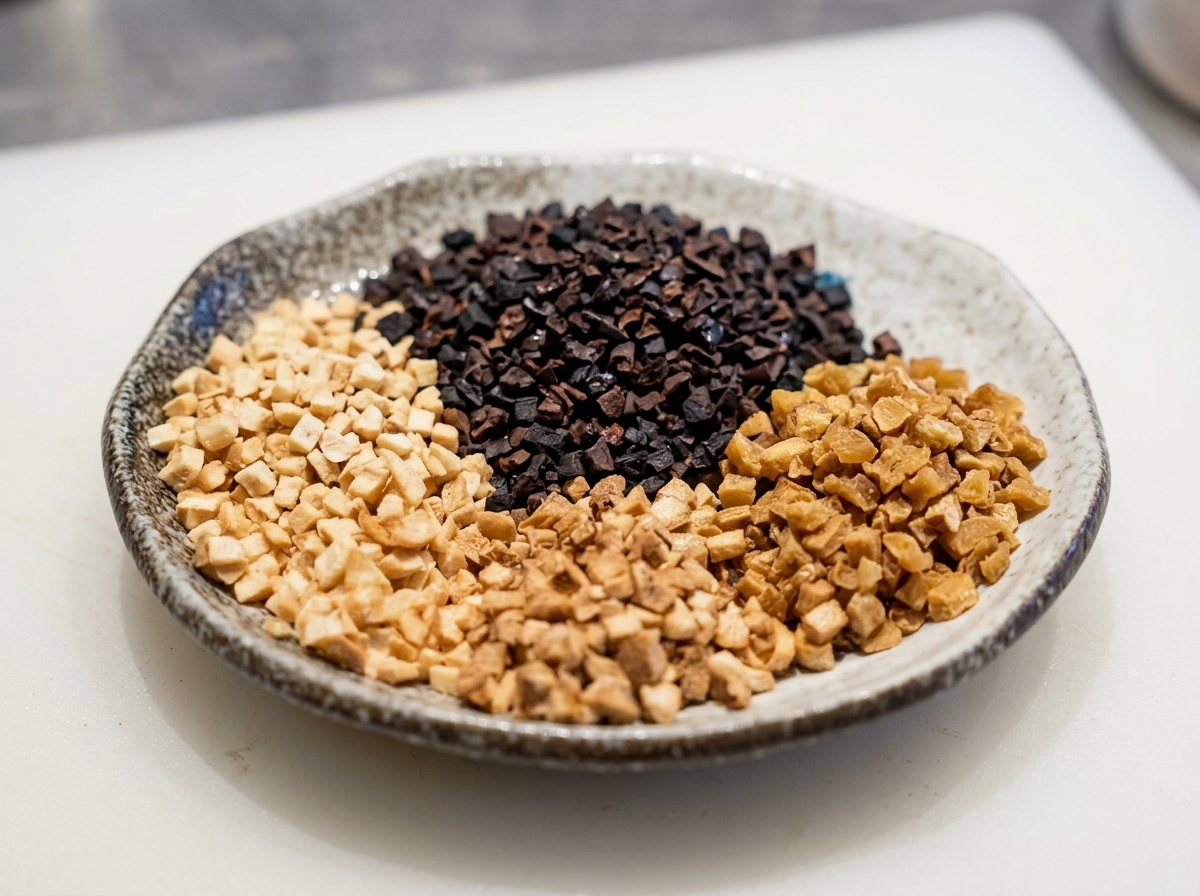 A plate with four separate piles of minced garlic colored from pale golden to deeply charred and black.