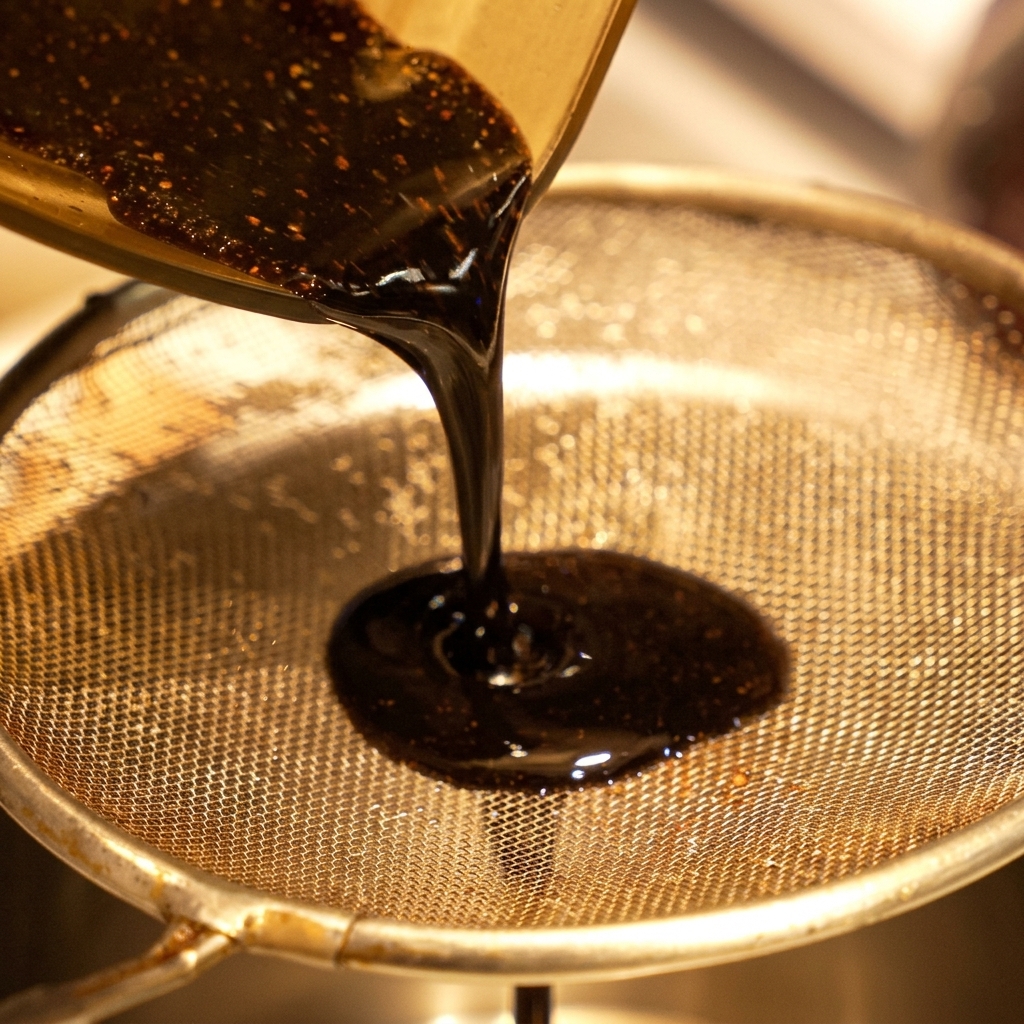 Thick, dark black garlic oil being poured from a container through a fine wire mesh strainer to remove coarse solids.