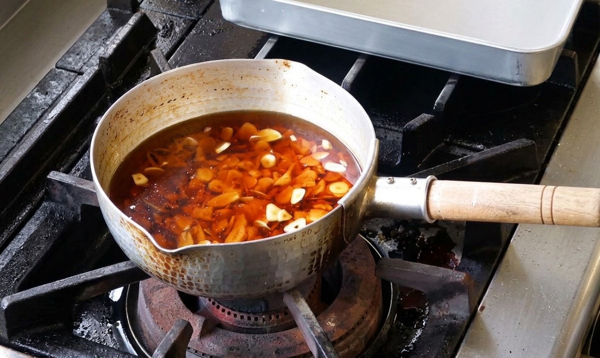 Raw sliced garlic sitting in a mixture of cold oil inside a small metal pot on a stovetop.