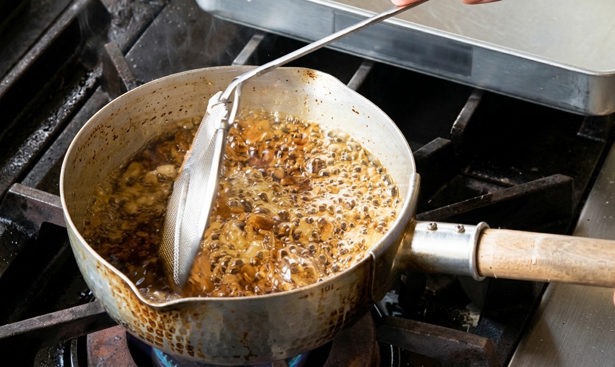 Bubbling hot oil in a pot with garlic slices frying, being stirred gently with a wire skimmer.