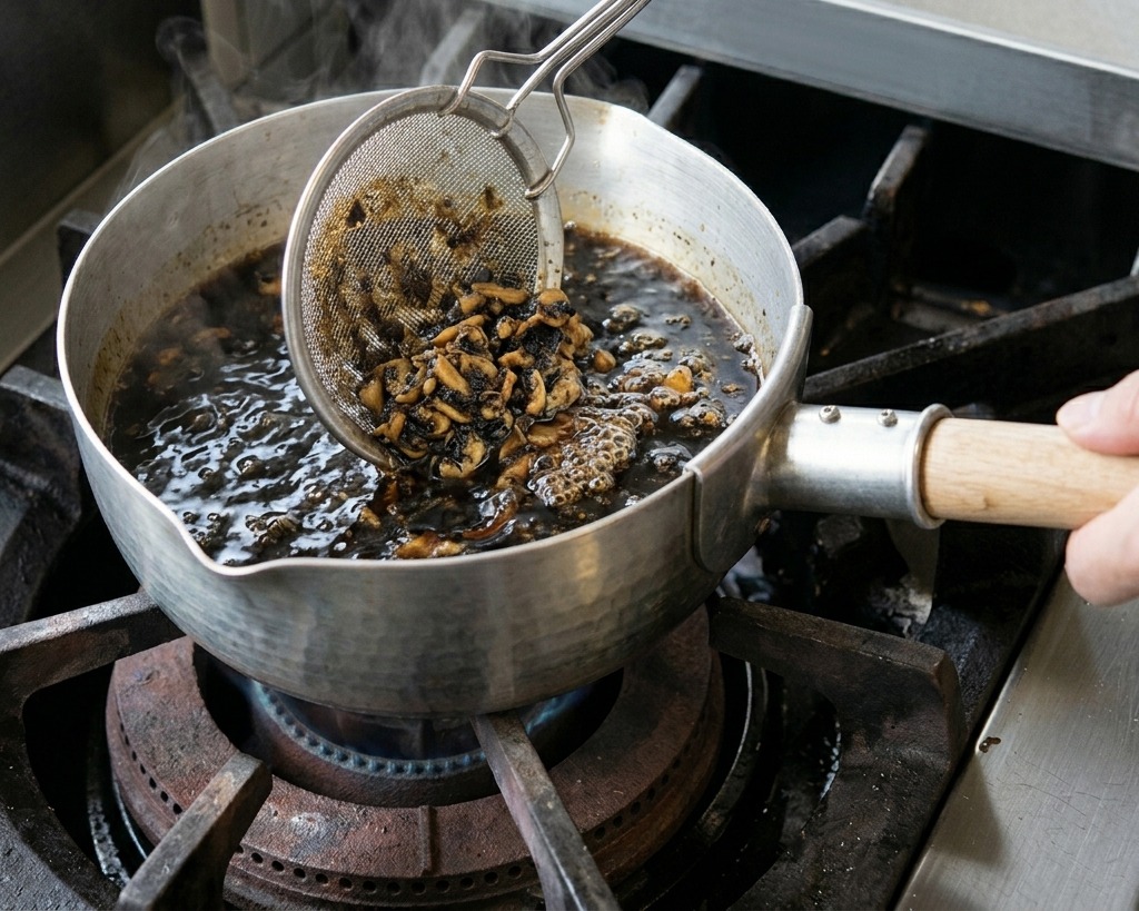 A wire skimmer lifting a batch of light brown roasted garlic slices out of hot oil.