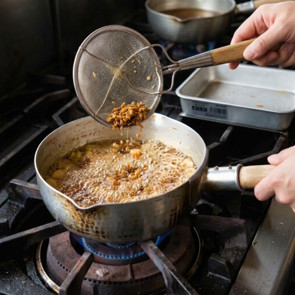 A metal skimmer lifting dark brown fried garlic pieces out of a pot of vigorously bubbling hot oil on a gas stove.