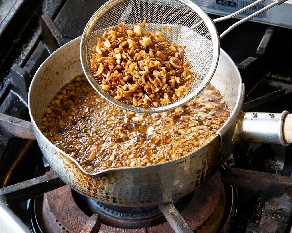 A wire skimmer holding a batch of deeply roasted, nearly black fried garlic slices above a pot of bubbling hot oil.