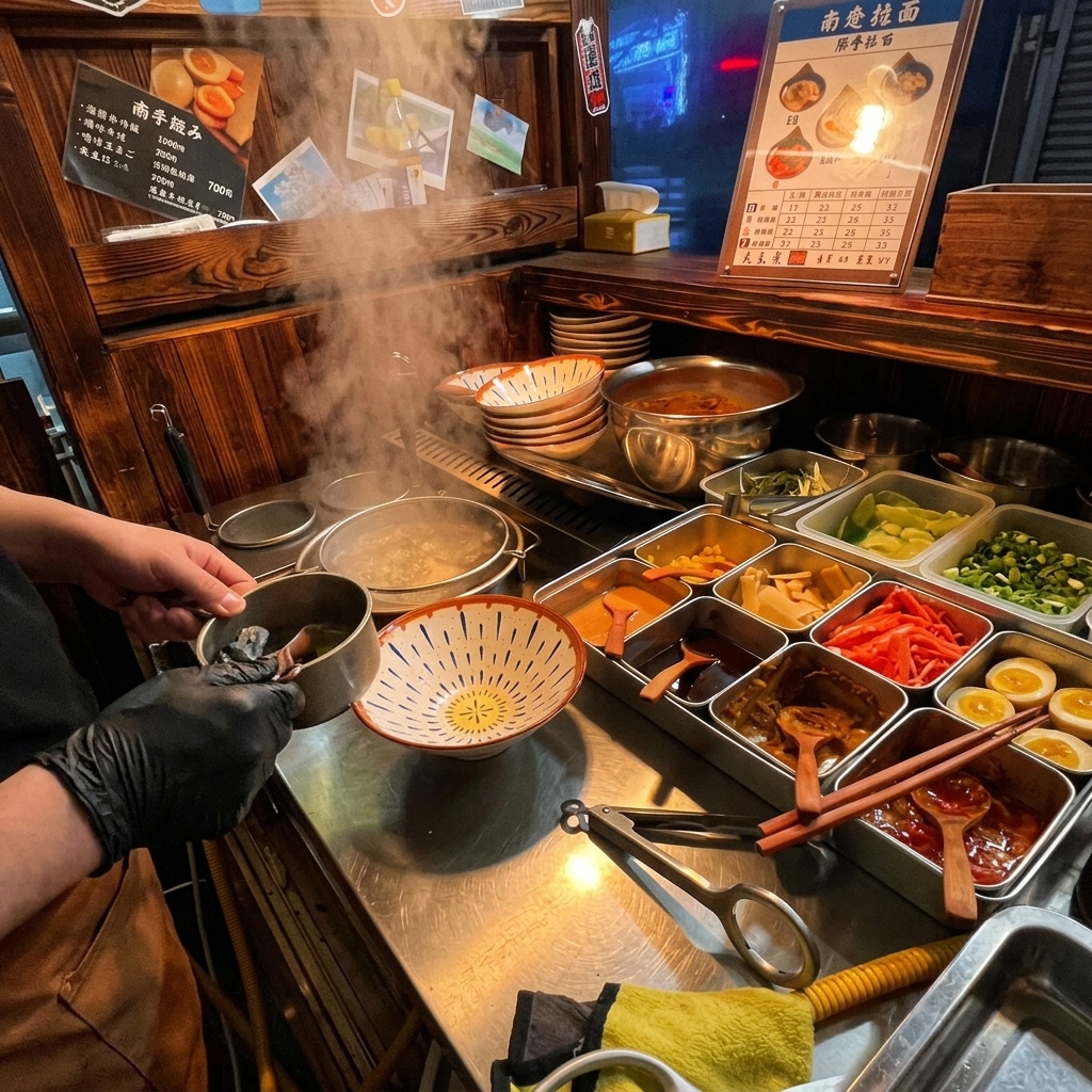 A gloved hand holding a small metal pot and ladle, pouring clear scallion oil into a patterned ceramic ramen bowl.