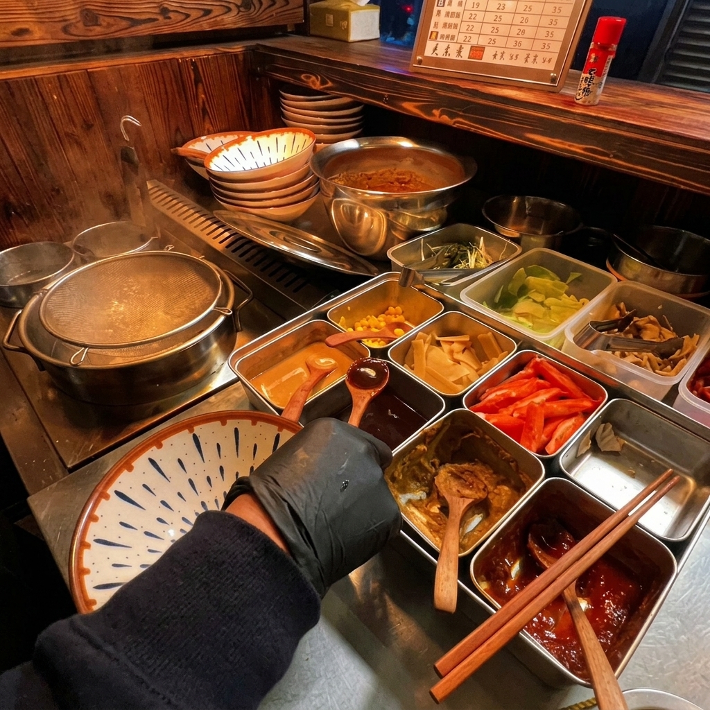 A gloved hand using a wooden spoon to add a dark soy sauce mixture into a ramen bowl from a metal container.