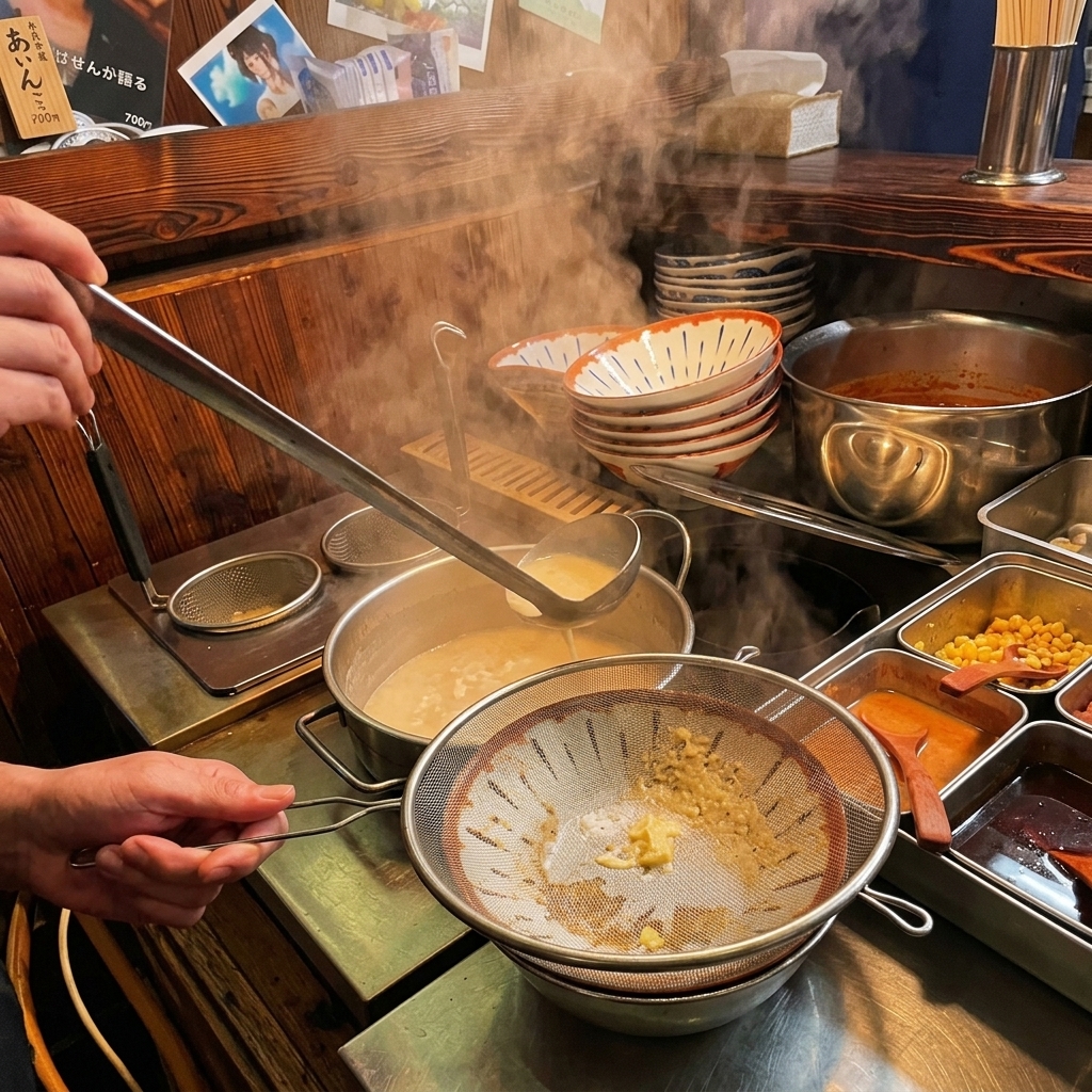 Ladling creamy, hot ramen broth through a fine mesh strainer directly into a serving bowl.