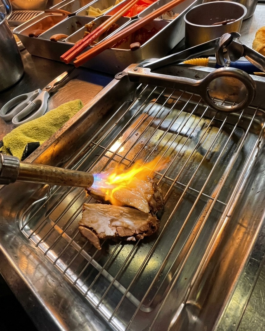 Using a handheld blowtorch to sear thick slices of pork chashu resting on a metal roasting grate.