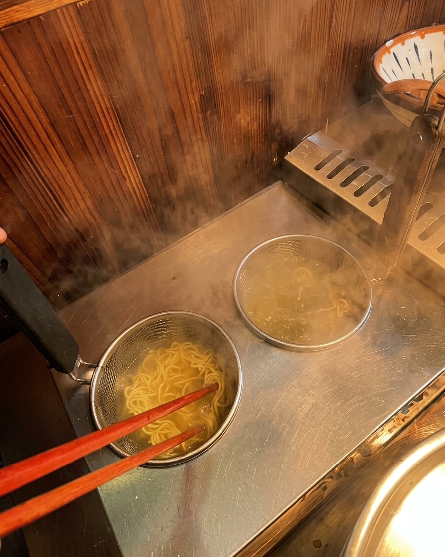 Red chopsticks stirring fresh ramen noodles cooking inside a metal boiling basket.