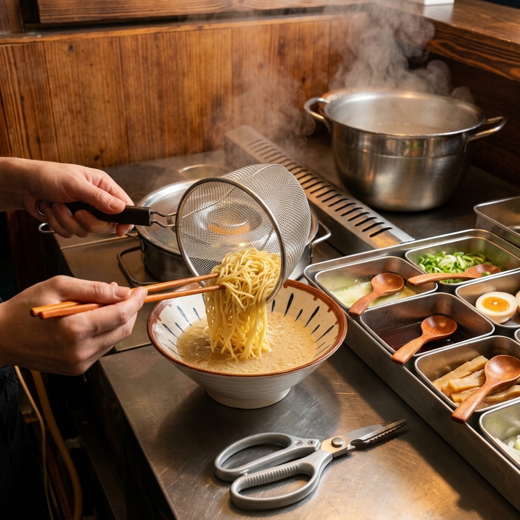 Chefs hands using chopsticks to guide hot cooked ramen noodles from a metal strainer into a ceramic bowl of soup.