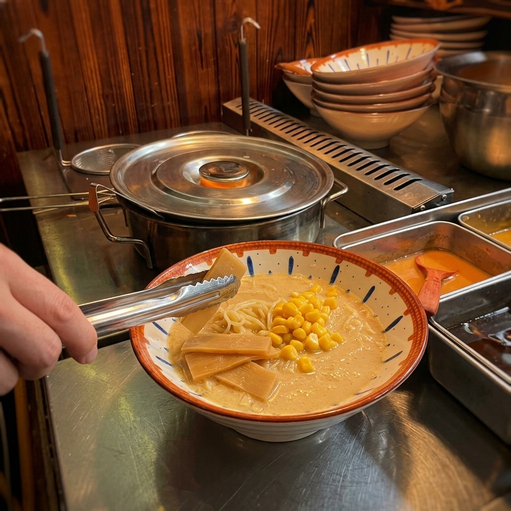 Metal tongs placing rectangular pieces of seasoned bamboo shoots onto a bowl of ramen.