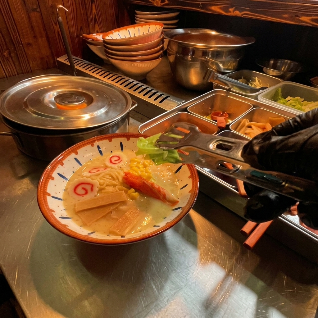Tongs placing a bright green piece of boiled cabbage on top of a fully loaded bowl of ramen.