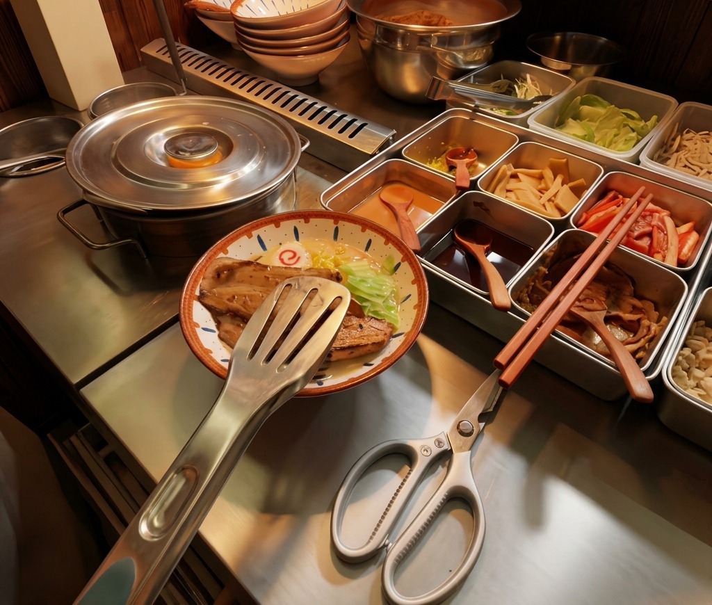 Metal tongs placing large, torched slices of thick-cut chashu pork into a ramen bowl.