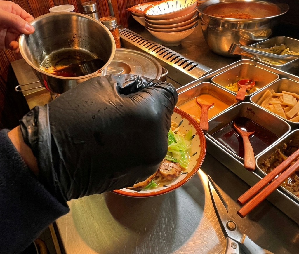 A gloved hand pouring dark black garlic oil from a small metal cup over a bowl of ramen.