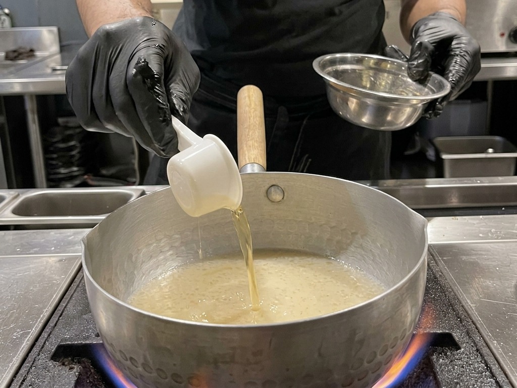Chef pouring pale yellow sesame oil from a measuring cup into a pot of simmering broth.