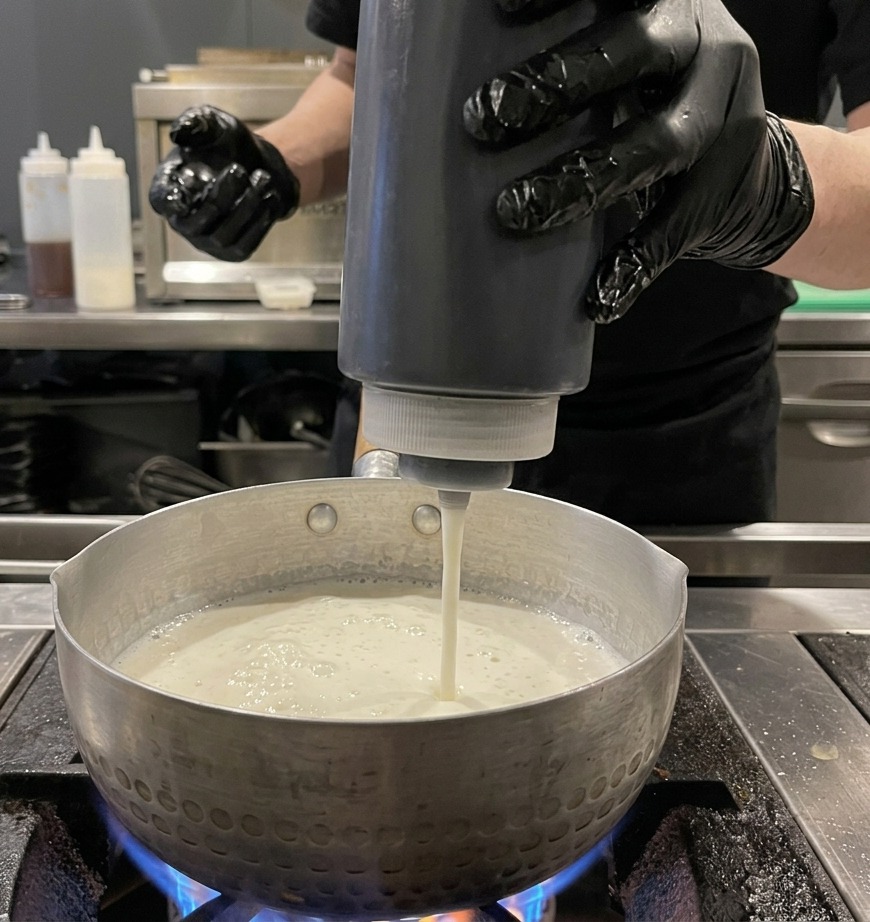 A black plastic squeeze bottle dispensing thick flavoring into a pot of pale broth.