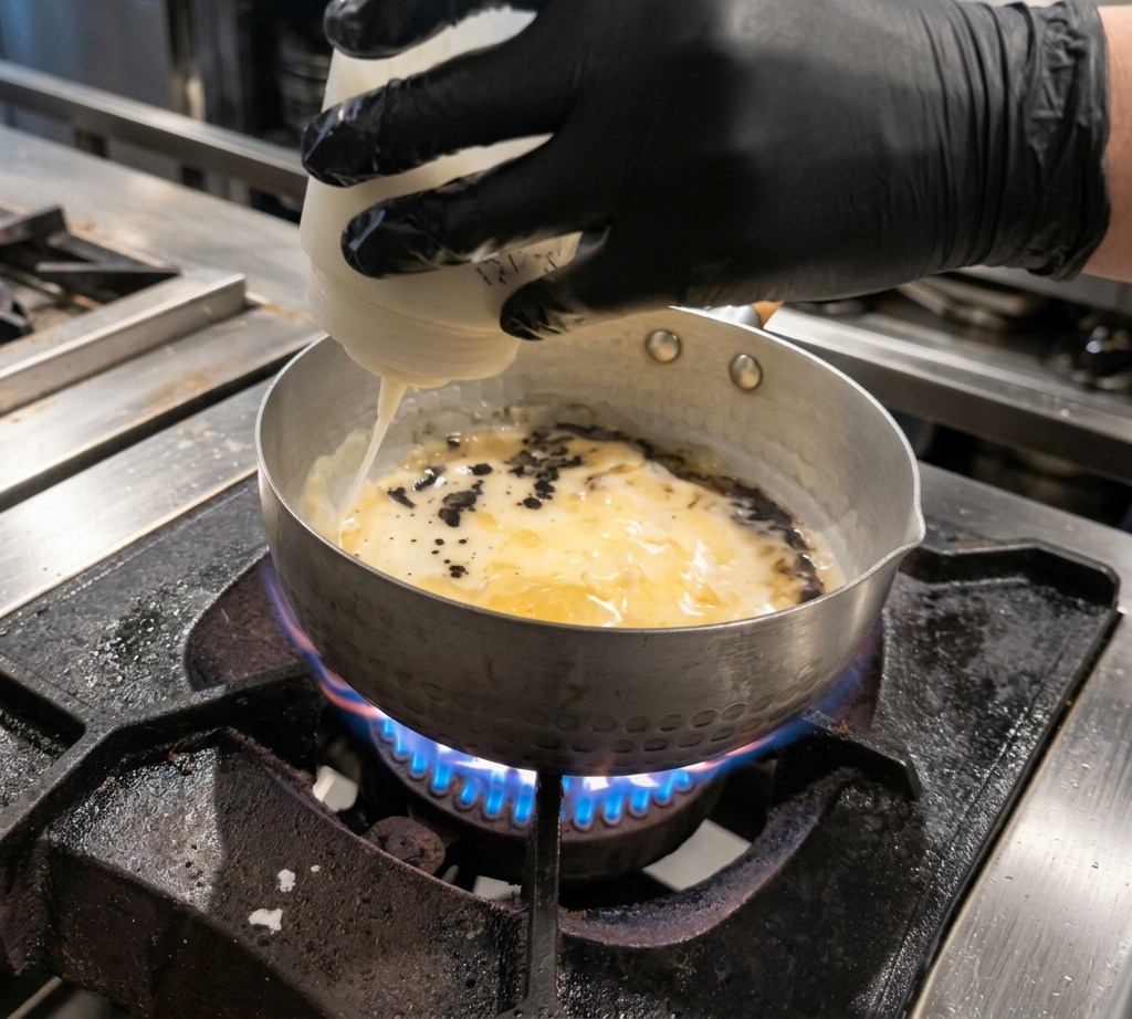 A squeeze bottle pouring white starch slurry into a simmering dark broth.