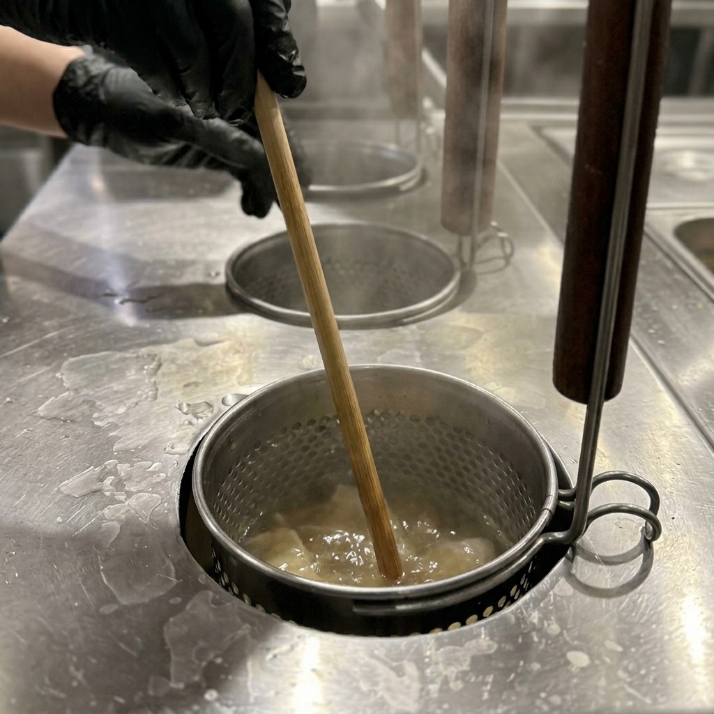Long wooden chopsticks stirring yellow noodles inside a metal strainer in boiling water.