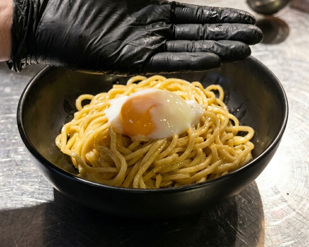 A soft-cooked egg resting in the center of a bed of yellow noodles in a black bowl.