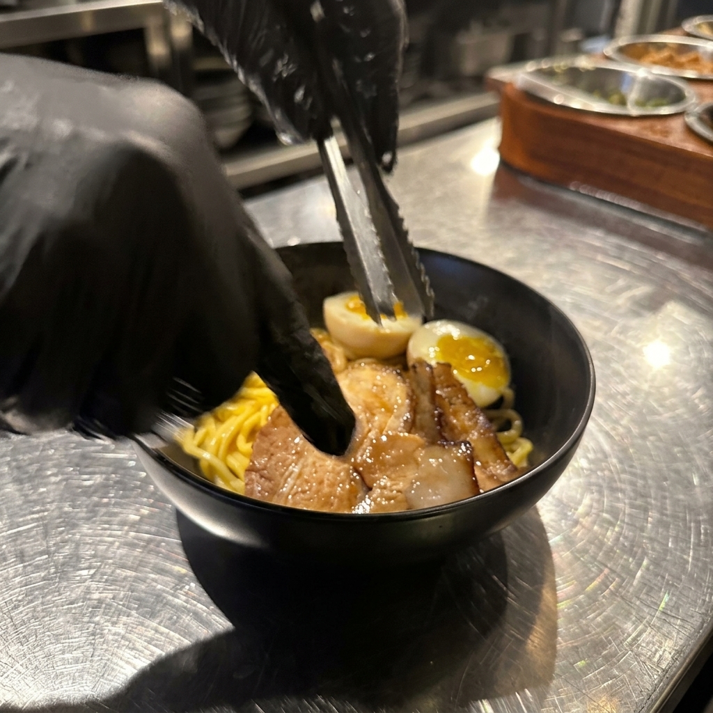 A gloved hand using tongs to place slices of chashu pork onto the noodles.